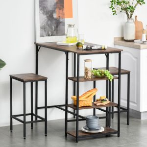 Conjunto de mesa de bar e 2 bancos com apoio para os pés e prateleiras de 3 níveis, 109x60x100 cm marrom rústico