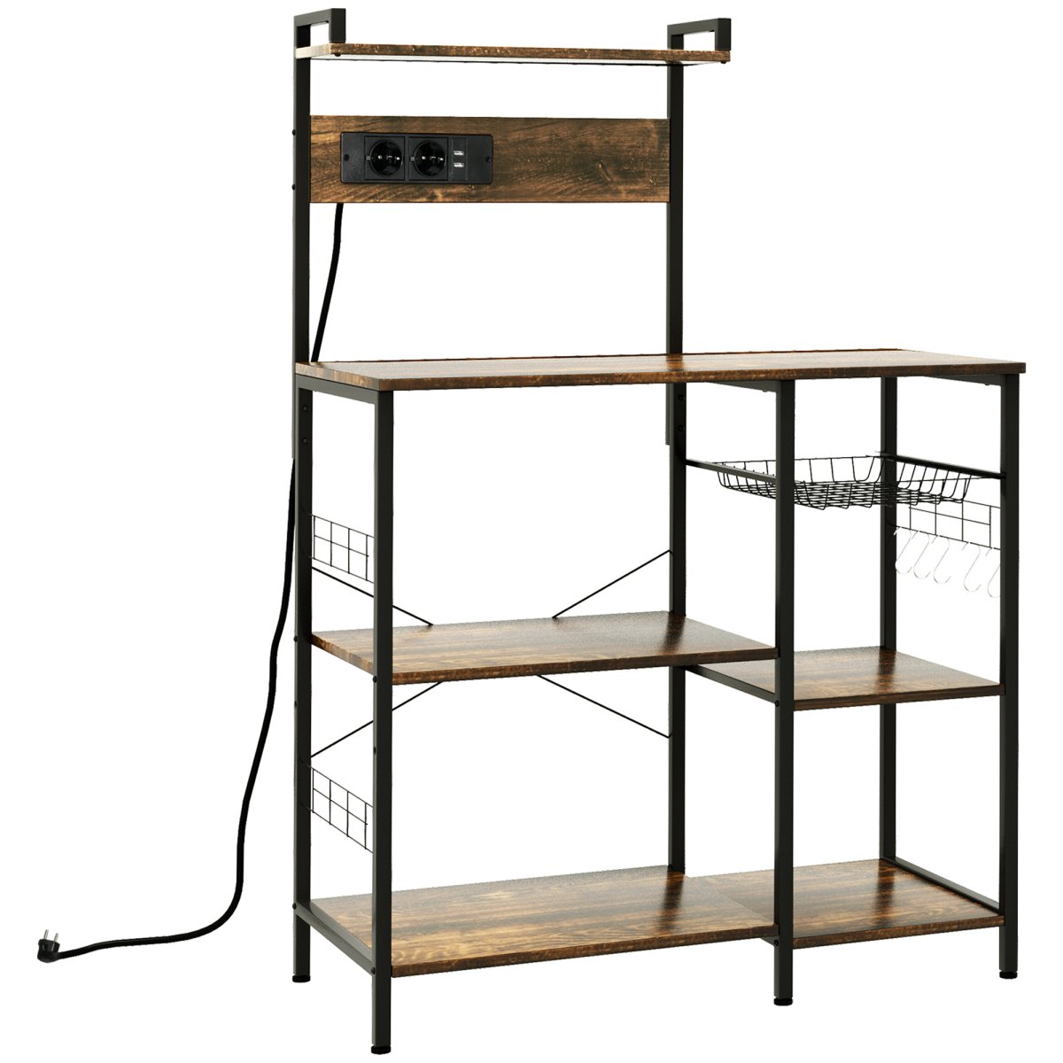 Estante de Cozinha com Ficha 2 Carregadores USB, Prateleira Ajustável, 5 Gancho em S e Cesta Amovível 90x42x130 cm Castanho Rústico