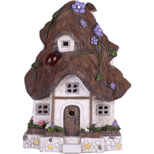Estátua casa de fadas 20 cm – luz solar Led, decoração de jardim em resina castanha