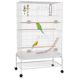 Gaiola Metálica Grande com Suporte 4 Comedouros 3 Poleiros Brinquedos Bandeja Amovível e Prateleira para Canários Periquitos Branco