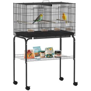 Gaiola para Pássaros com Divisória Gaiola com Rodas para Aves Papagaios Canários om Comedouros Poleiros e Bandeja Removível, 76x46x116 cm Preto