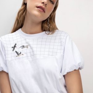 T-Shirt Cropped Bordada C/ Manga Balão