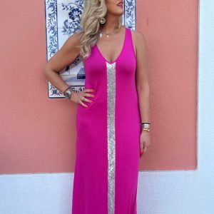 Vestido Alças C/ Barra Vertical Lantejoulas