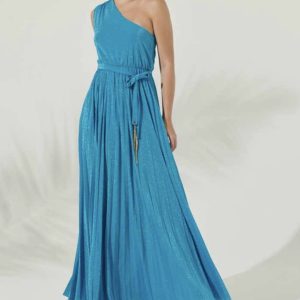 Vestido Plissado Lurex S/ Ombro C/ Cinto