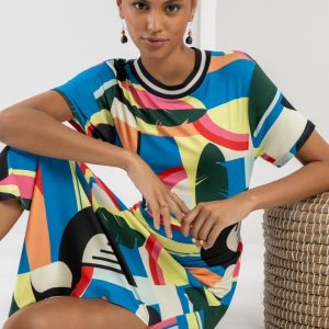 Vestido Malha Estampado C/ Abertura Costas / Riscas Gola