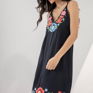 Vestido Comprido C/ Bordado Flores / Pedras Alças