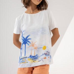 T-Shirt Crepe Estampada Costas Algodão