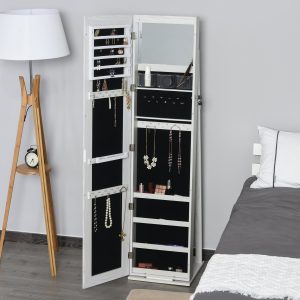 Joalheiro de Pé com 6 Luzes LED Fechadura com Prateleiras Suportes para Anéis 38x38x157cm Branco