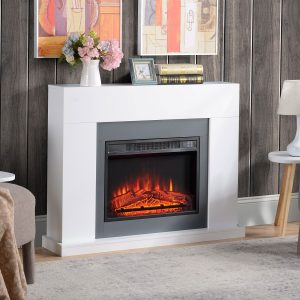 Lareira Elétrica 1800-2000W com Controle Remoto Chama Ajustável Temporizador Semanal e Proteção contra Superaquecimento 113×26,6×87,5cm Branco