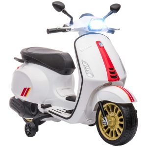 Moto Elétrica para Crianças de 3-6 Anos com Licença Vespa Motocicleta Bateria 6V USB MP3 Luz LED Rádio FM Velocidade 3 km/h Carga 35 kg Branco