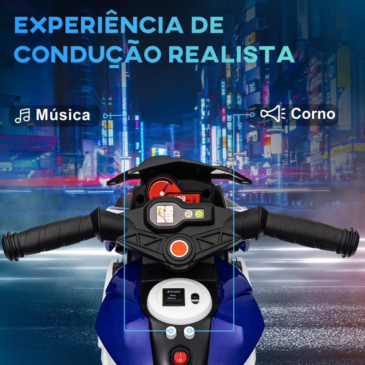 Motocicleta Elétrica Infantil com 3 Rodas Triciclo para Crianças acima de anos Bateria 6V Recarregável Funções Música Buzina Faróis 86x42x52 cm Azul - Image 5