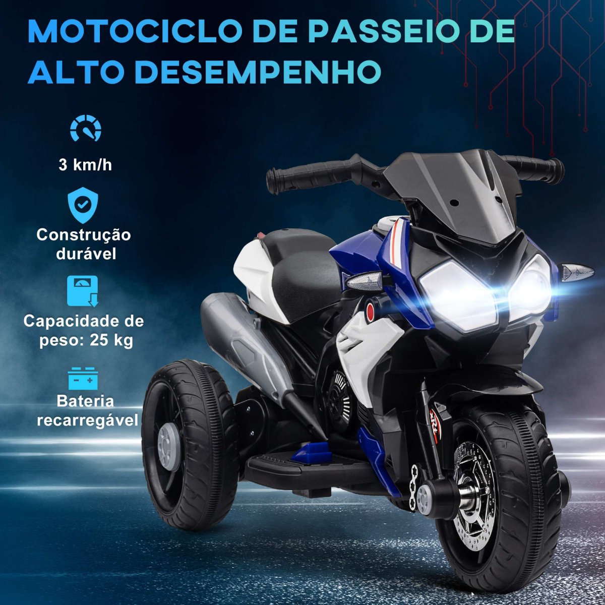 Motocicleta Elétrica Infantil com 3 Rodas Triciclo para Crianças acima de anos Bateria 6V Recarregável Funções Música Buzina Faróis 86x42x52 cm Azul - Image 6