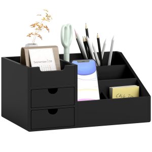 Organizador para Secretária de Bambu Organizador de Mesa de Escritório Multifuncional 33×20,5×15,5 cm Preto