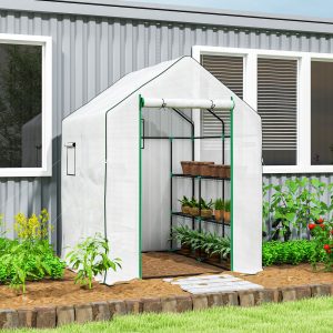 Outsunny Estufa de Jardim Pequena de 3 Níveis com 6 Prateleiras Porta Enrolável Capa de PE e Estrutura de Aço para Cultivo de Plantas e Flores 140x143x190 cm Branco