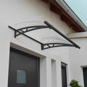 Cobertura de porta Altair – Estrutura em cinza e painéis transparentes Canopia