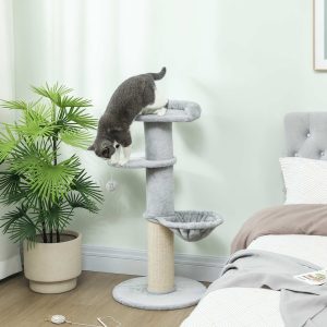PawHut Arranhador para Gatos 103,5 cm Torre para Gatos com Cama Rede Plataforma Poste de Sisal Extra Grosso Bola Pendurada Cinza Claro