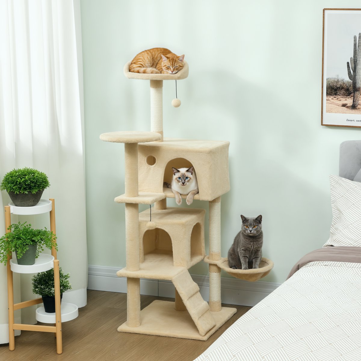 PawHut Arranhador para Gatos 140 cm Torre de Escalada com Múltiplas Plataformas Cama 2 Cavernas Rede Escada Postes de Sisal Bolas para Brincar Bege