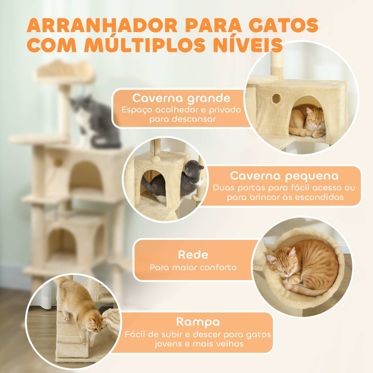PawHut Arranhador para Gatos 140 cm Torre de Escalada com Múltiplas Plataformas Cama 2 Cavernas Rede Escada Postes de Sisal Bolas para Brincar Bege - Image 4