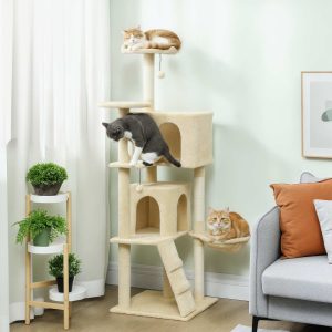 PawHut Arranhador para Gatos 160 cm Torre de Escalada com Múltiplas Plataformas Cama 2 Cavernas Rede Escada Postes de Sisal Bolas para Brincar Bege