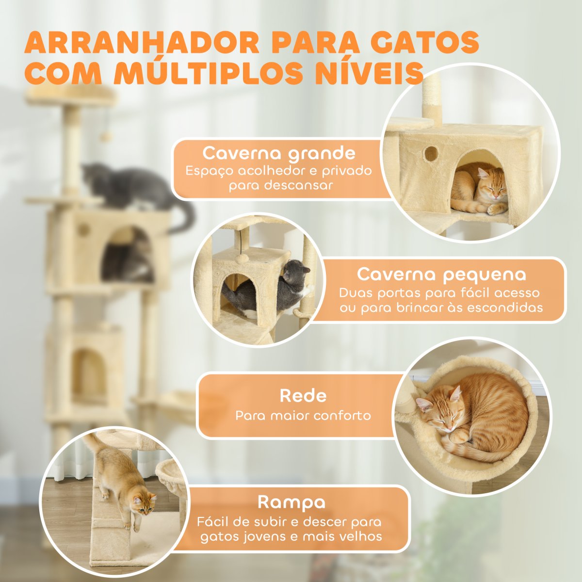 PawHut Arranhador para Gatos 180 cm Torre de Escalada com Múltiplas Plataformas Cama 2 Cavernas Rede Escada Postes de Sisal Bolas para Brincar Bege - Image 4