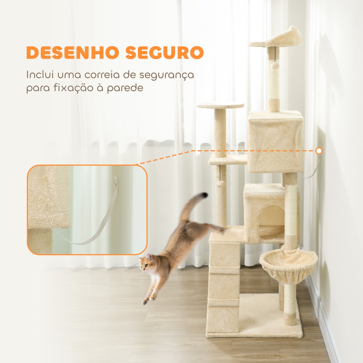 PawHut Arranhador para Gatos 180 cm Torre de Escalada com Múltiplas Plataformas Cama 2 Cavernas Rede Escada Postes de Sisal Bolas para Brincar Bege - Image 6