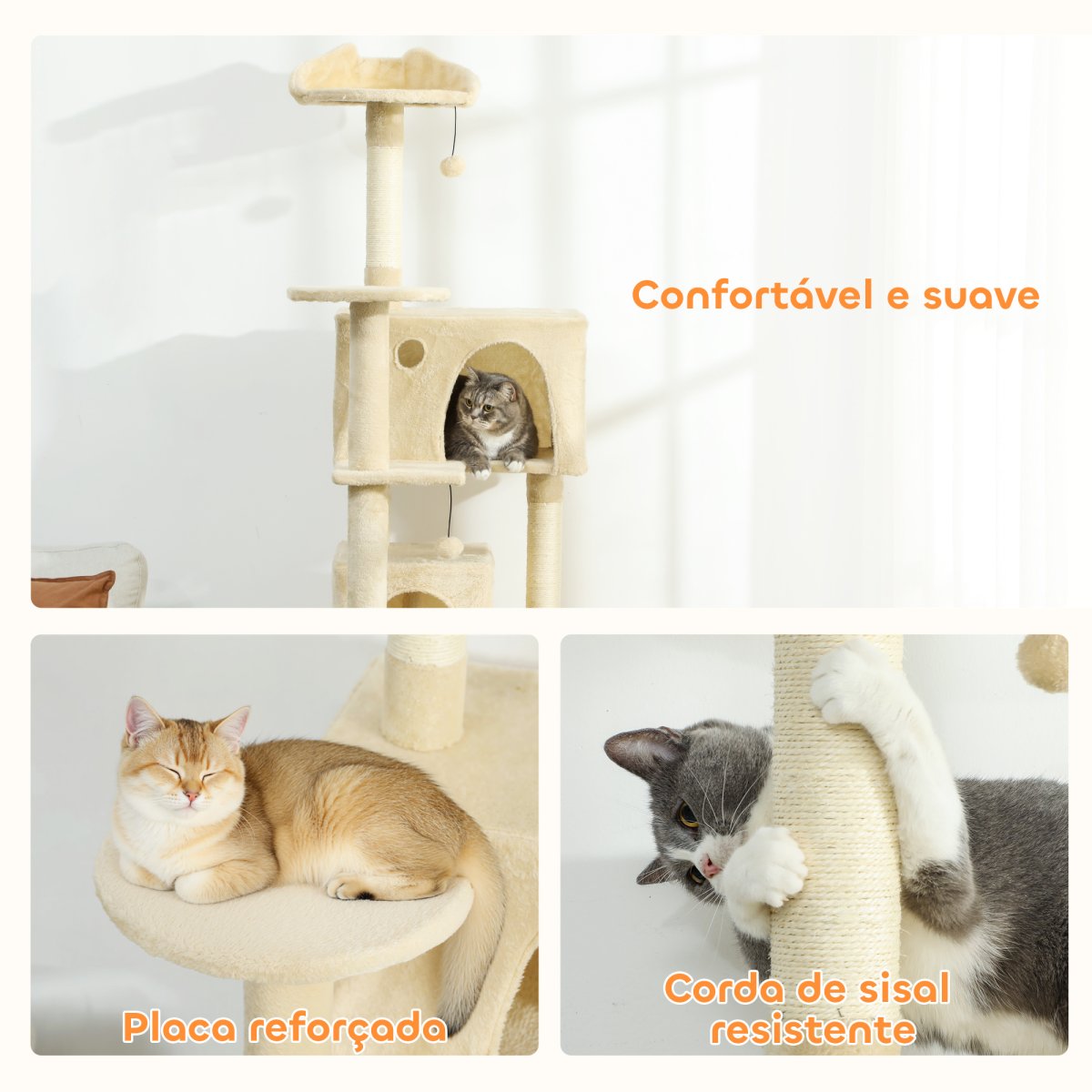 PawHut Arranhador para Gatos 180 cm Torre de Escalada com Múltiplas Plataformas Cama 2 Cavernas Rede Escada Postes de Sisal Bolas para Brincar Bege - Image 7