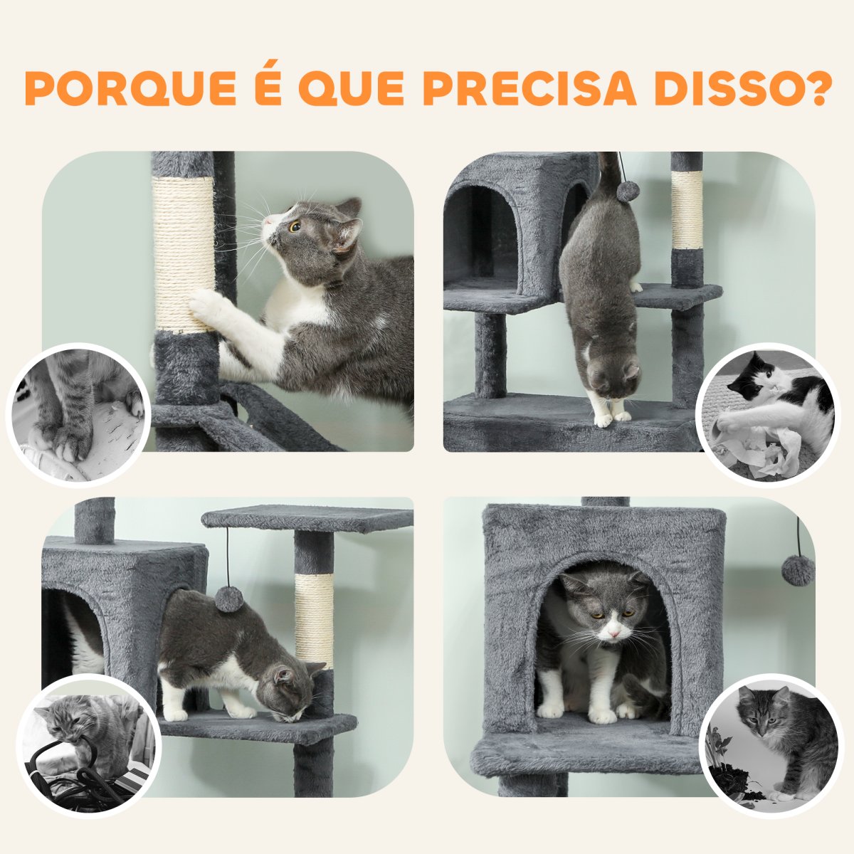PawHut Arranhador para Gatos 202 cm Torre de Escalada com Plataformas Plataformas Caverna Postes de Sisal Bolas e Corda para Brincar Cinzento - Image 8