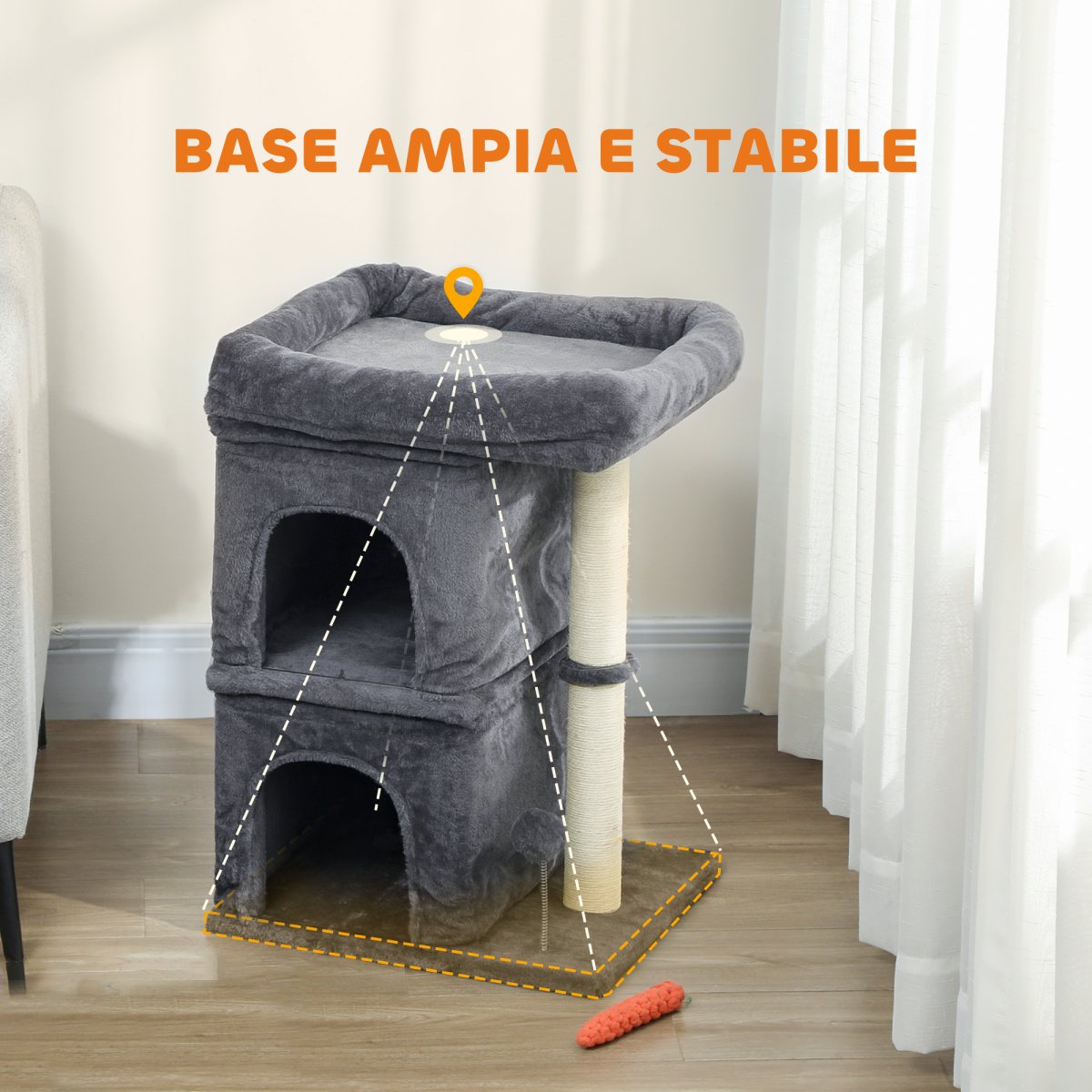 PawHut Arranhador para Gatos 66 cm Torre para Gatos com Cama 2 Cavernas Poste de Sisal e Bola para Brincar Cinzento Escuro - Image 6