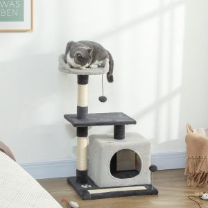 PawHut Arranhador para Gatos com Altura de 85 cm Torre de Escalada com Plataformas Caverna Postes Arranhadores Tapete de Sisal e Bolas Cinzento Claro e Preto