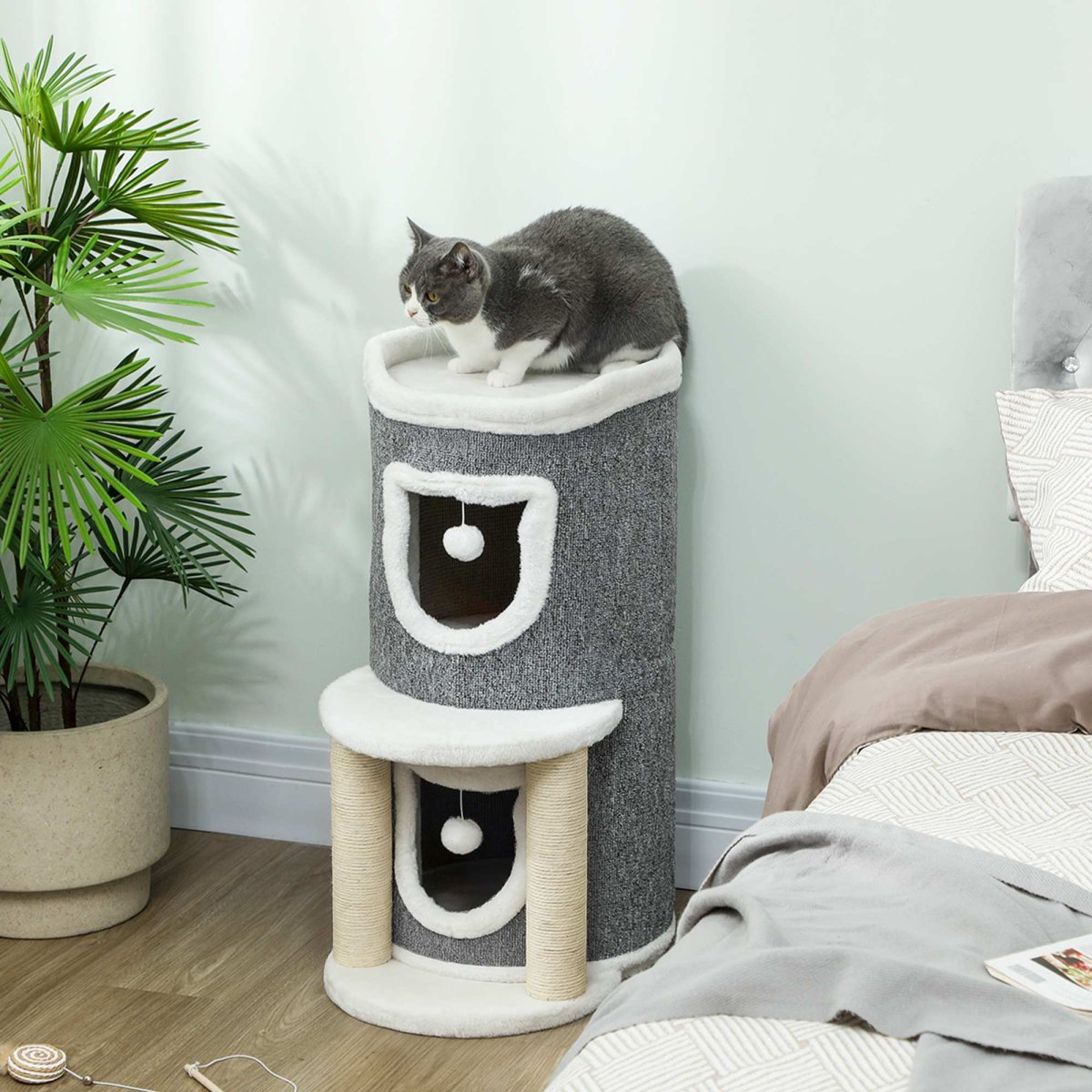 PawHut Arranhador para Gatos com Cama 2 Cavernas Postes de Sisal Tapete de Arranhar e Bolas para Brincar 50x36x76 cm Cinzento - Image 2