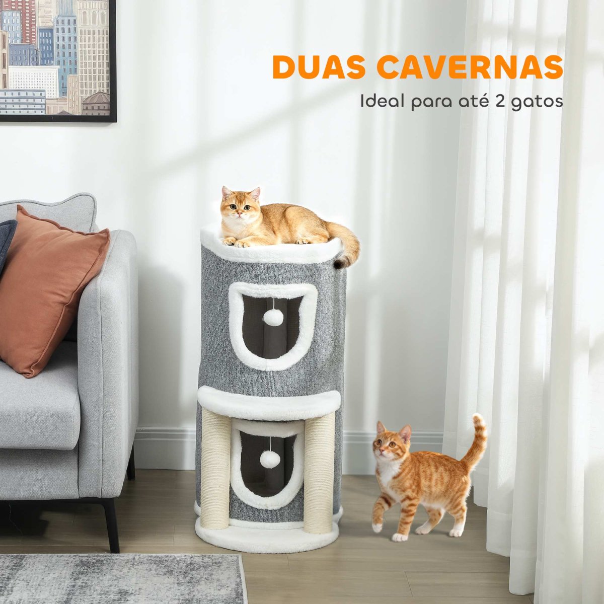 PawHut Arranhador para Gatos com Cama 2 Cavernas Postes de Sisal Tapete de Arranhar e Bolas para Brincar 50x36x76 cm Cinzento - Image 5