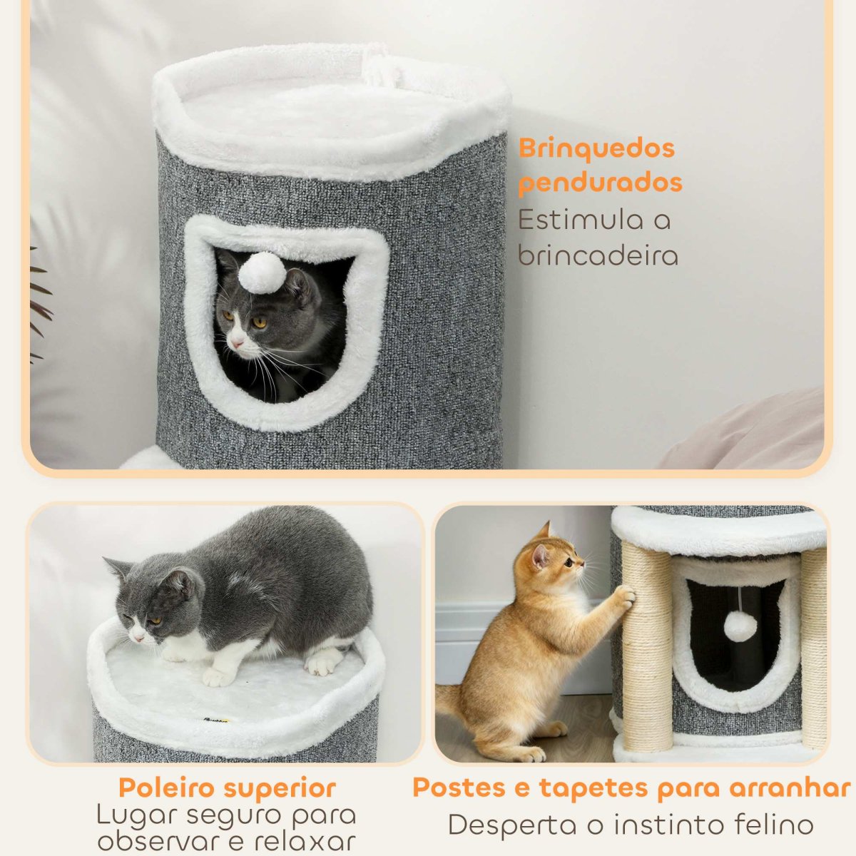 PawHut Arranhador para Gatos com Cama 2 Cavernas Postes de Sisal Tapete de Arranhar e Bolas para Brincar 50x36x76 cm Cinzento - Image 6