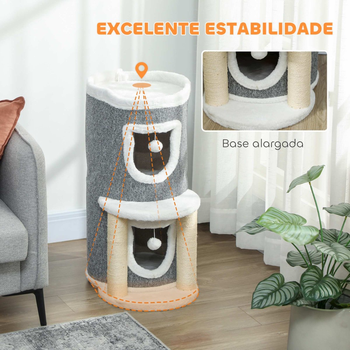 PawHut Arranhador para Gatos com Cama 2 Cavernas Postes de Sisal Tapete de Arranhar e Bolas para Brincar 50x36x76 cm Cinzento - Image 7