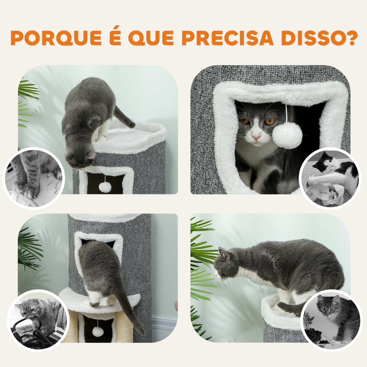 PawHut Arranhador para Gatos com Cama 2 Cavernas Postes de Sisal Tapete de Arranhar e Bolas para Brincar 50x36x76 cm Cinzento - Image 8