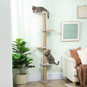 PawHut Arranhador para Gatos de Parede de 5 Níveis Estreito com Bola de Brinquedo e Arranhadores de Sisal 48x21x180 cm Cinza Claro