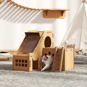 PawHut Arranhador para Gatos em Forma de Castelo 2 em 1 com 2 Áreas para Arranhar Catnip Rampa e Escada para Interior 67x66x57 cm Castanho