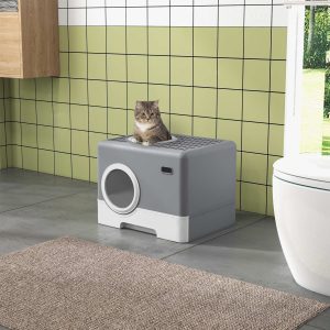 PawHut Caixa de Areia para Gatos Sanita para Animais de Estimação com Pá Bandeja Removível 2 Portas Entrada Frontal e Saída Superior 52x41x38,5 cm Cinzento