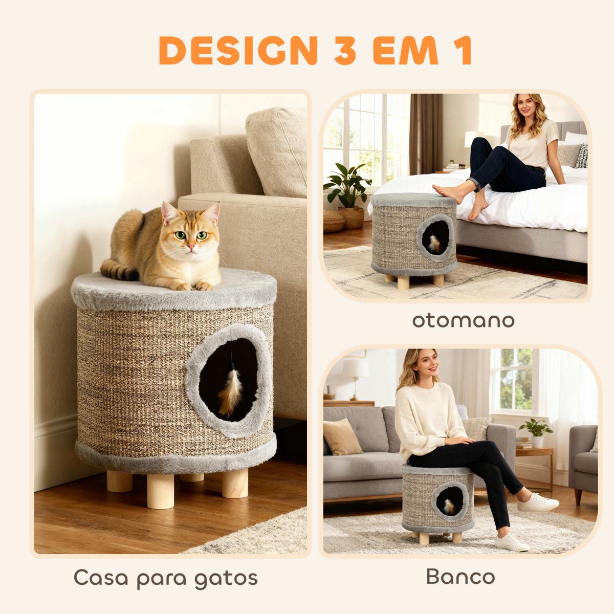 PawHut Casa para Gatos 3 em 1 Banco Apoio para os Pés e Cama com Arranhador Pés de Madeira e Brinquedo Pendurado para Interior 36x36x38 cm Cinzento - Image 4