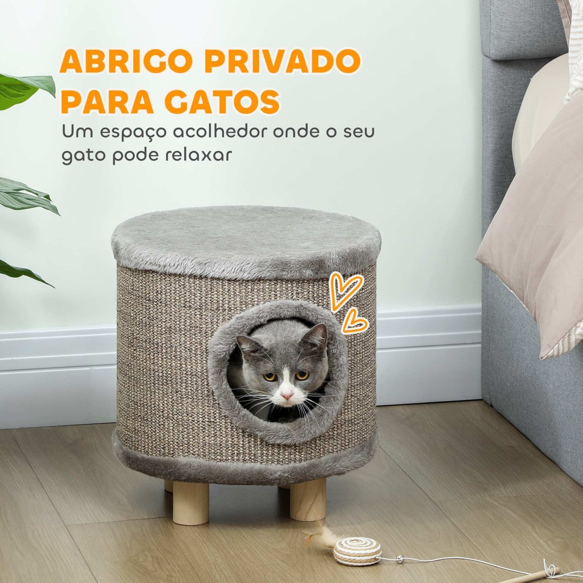 PawHut Casa para Gatos 3 em 1 Banco Apoio para os Pés e Cama com Arranhador Pés de Madeira e Brinquedo Pendurado para Interior 36x36x38 cm Cinzento - Image 5