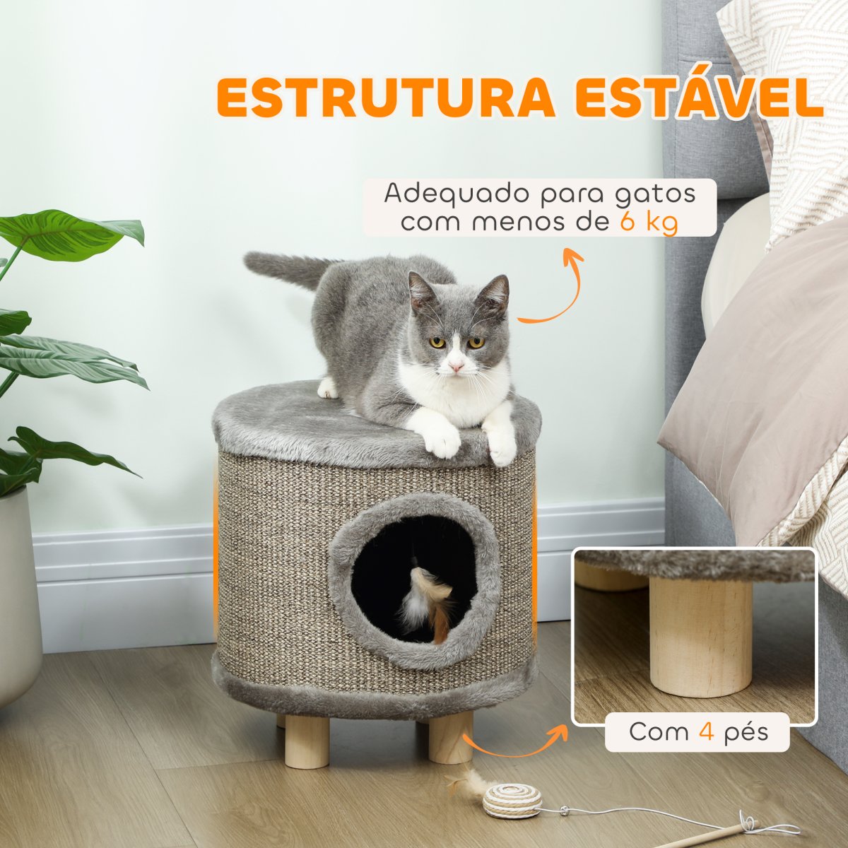 PawHut Casa para Gatos 3 em 1 Banco Apoio para os Pés e Cama com Arranhador Pés de Madeira e Brinquedo Pendurado para Interior 36x36x38 cm Cinzento - Image 7
