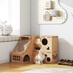 PawHut Casa para Gatos de Cartão Forma de Castelo Arranhador para Gatos de 2 Níveis com 3 Zonas de Arranhar Túnel, Rampa Inclui Erva para Interior 78x66x57 cm Castanho