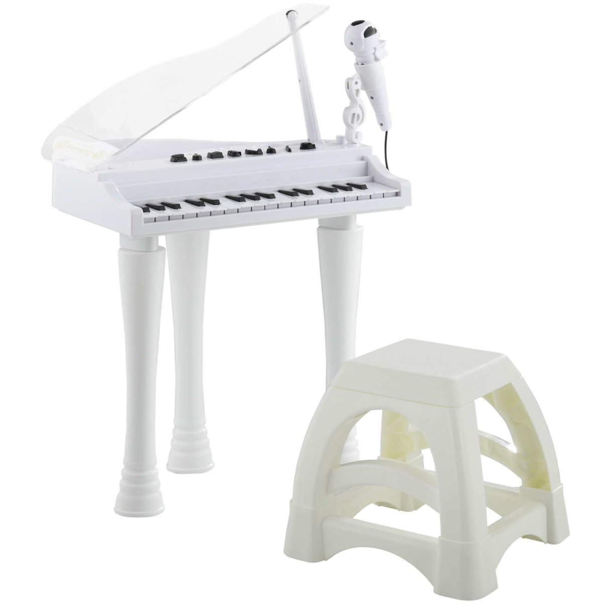 Piano Eletrónico para Crianças com 32 Teclas Microfone Banco Luzes 22 Músicas 4 Tons Pés Amovíveis e Volume Ajustável 37×30,5×60,4 cm Branco