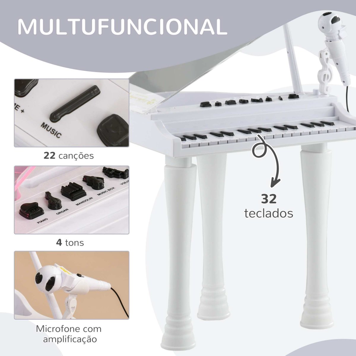 Piano Eletrónico para Crianças com 32 Teclas Microfone Banco Luzes 22 Músicas 4 Tons Pés Amovíveis e Volume Ajustável 37×30,5×60,4 cm Branco - Image 5