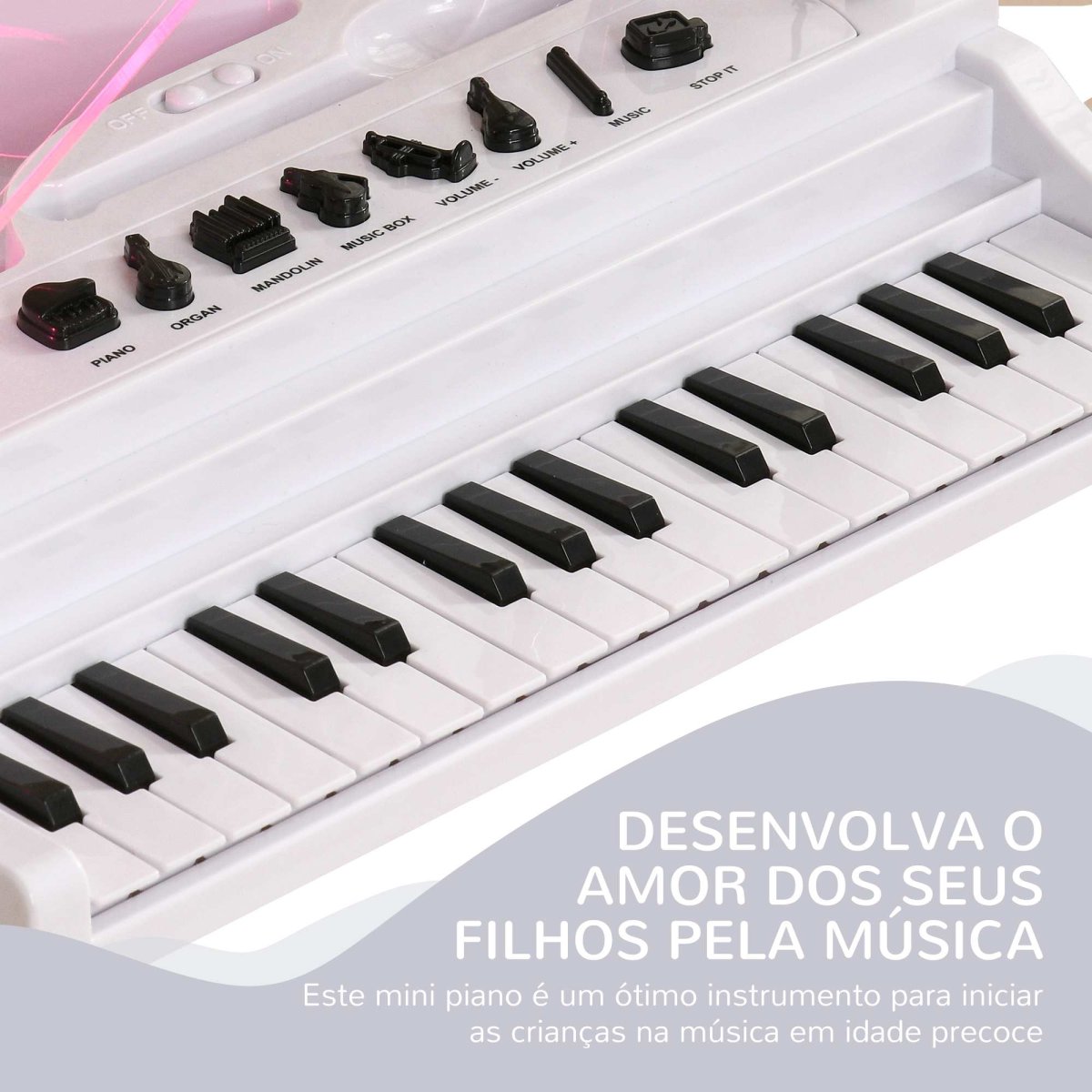 Piano Eletrónico para Crianças com 32 Teclas Microfone Banco Luzes 22 Músicas 4 Tons Pés Amovíveis e Volume Ajustável 37×30,5×60,4 cm Branco - Image 8