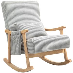 Poltrona Baloiço Moderna em Veludo Cotelê com Pés e Apoio para os Braços Madeira de Faia Almofada Lombar Bolso Amamentação Carga 120 kg Dormitório Sala Estar 65x90x98 cm Cinza