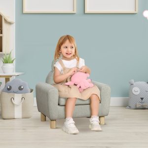 Poltrona Infantil Mini Sofá para Crianças acima de 3 Anos com Assento Acolchoado, Apoio para os Braços e Estrutura de Madeira Carga Máxima 45kg 60x42x50cm Cinza