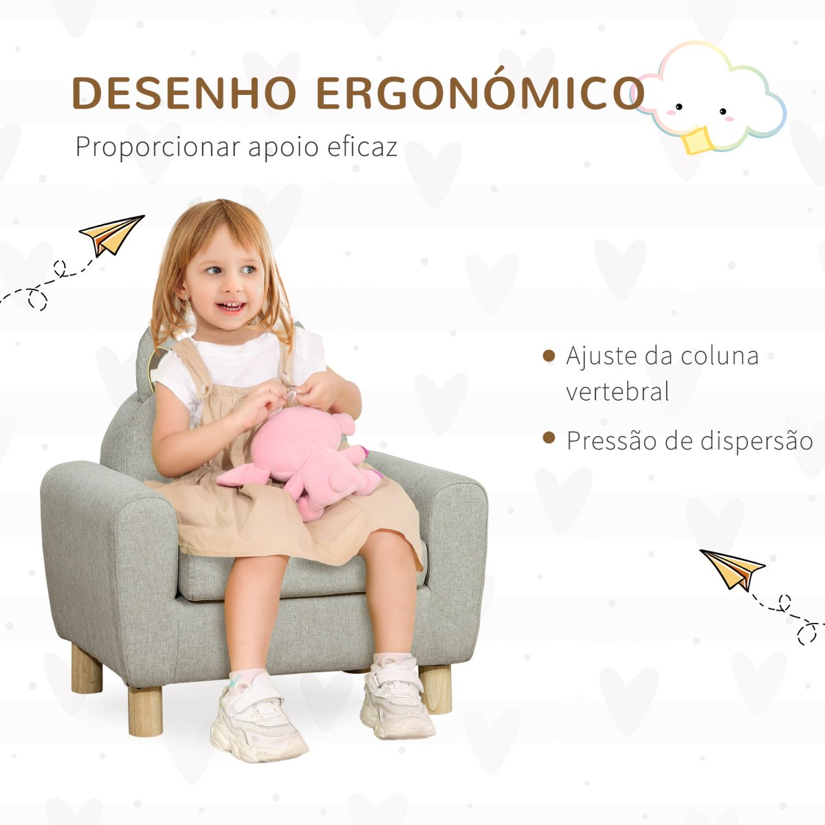 Poltrona Infantil Mini Sofá para Crianças acima de 3 Anos com Assento Acolchoado, Apoio para os Braços e Estrutura de Madeira Carga Máxima 45kg 60x42x50cm Cinza - Image 6