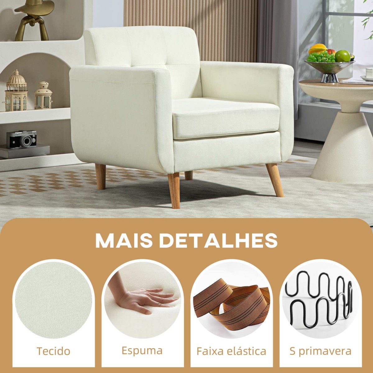 Poltrona Sala de Estar Moderna Carga 125 kg 78x70x75 cm Creme - Image 5