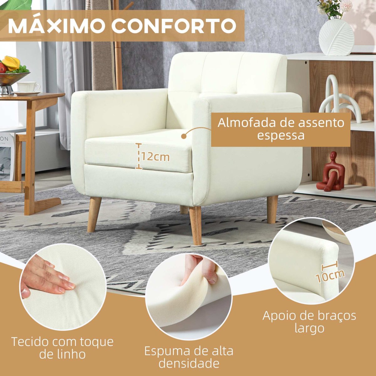 Poltrona Sala de Estar Moderna Carga 125 kg 78x70x75 cm Creme - Image 6