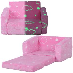 Poltrona para Crianças Dobrável Sofá Infantil Reclinável 2 em 1 Estofado Tecido Luminoso com Desenho de Nunes e Capa Lavável Dormitório Sala Estar Rosa